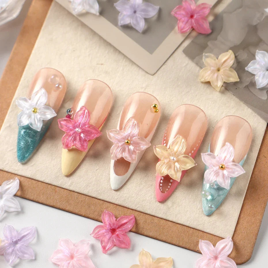 30/100 pcs Crystal Flowers Nail Art Charms 5D Embossed Ice Lily Petals White Pearls Golden Steel Balls Nail Decoration Supplies