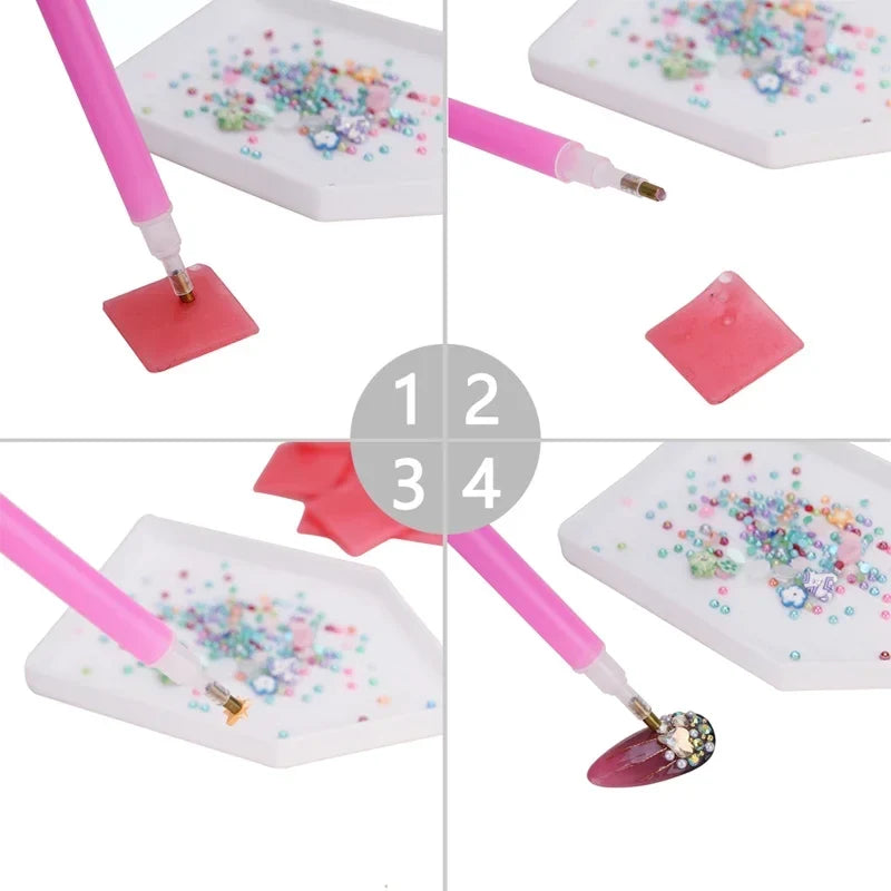 5Pcs Rhinestone Dotting Glue Pen Set for Nail Art with Diamond Mud Paste Adhesive Clay Storage Box Manicure Tools Kit