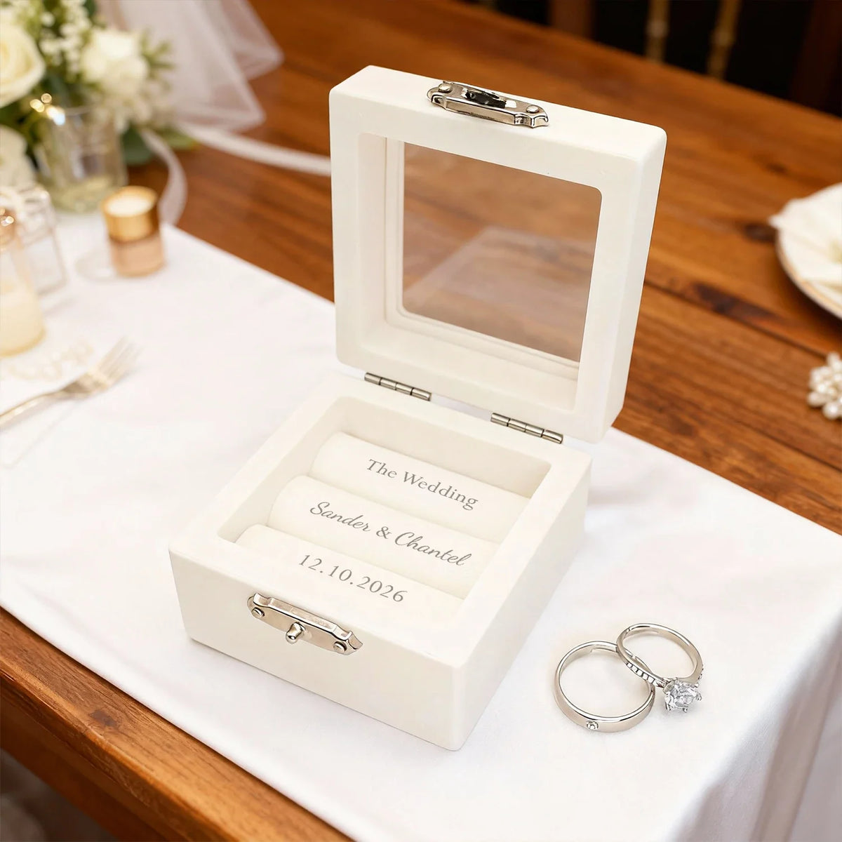 Wedding Ring Box Personalized White Customized Wedding Ring Holder Ceremony Ring Box Custom Name Ring Box