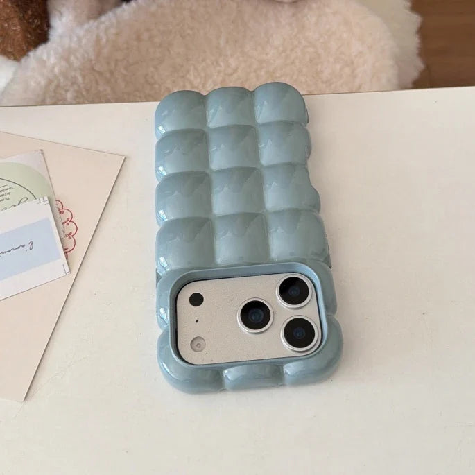 Cartoon Lattice 3D Block Plating Case for iPhone 17 16 15 Pro Max 14 12 13 11 Glossy Candy Solid Color Shockproof Soft TPU Cover