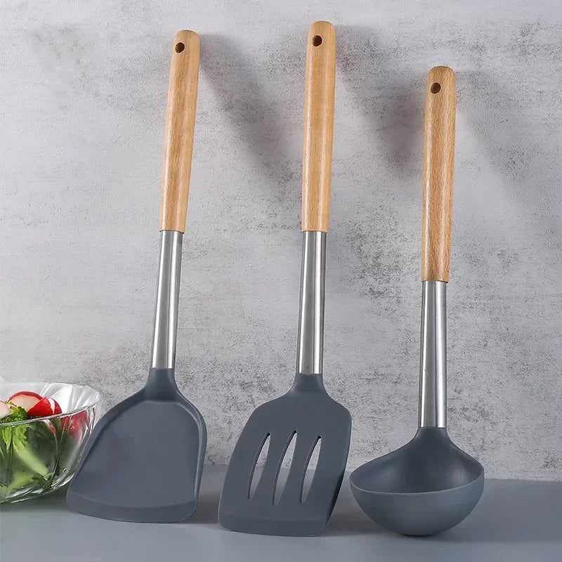 Silicone Kitchen Utensils, Silicone Spatula, Wooden Handle, Silicone Soup Spoon, Leak-Proof Spatula, Non-Stick Pan