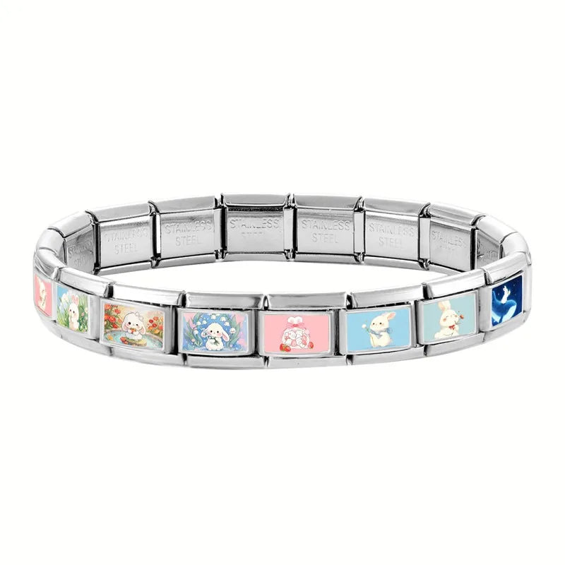 Easter Colorful Rabbits Series Beautiful Flowers Italian Link Fit 9mm Stainless Steel Bracelet Jewelry Making DIY Gift Wholesale