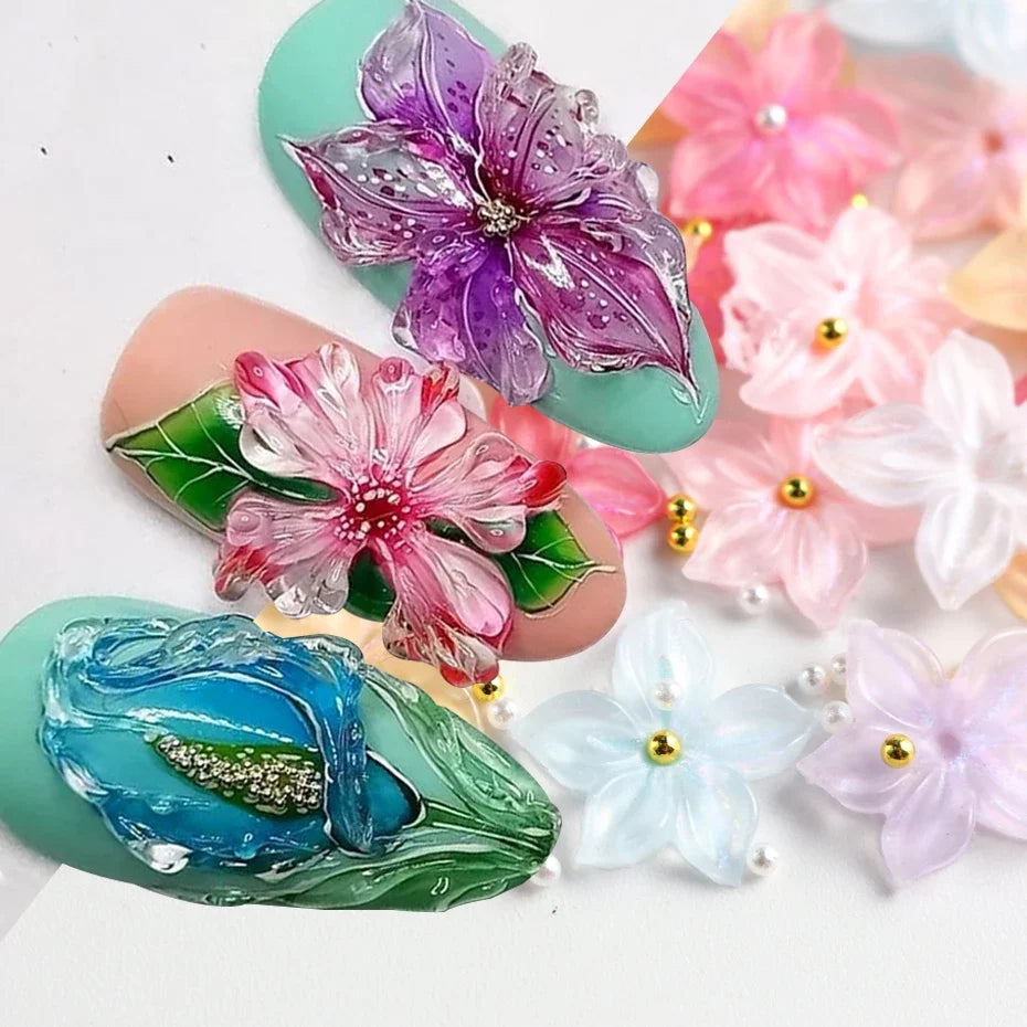 30/100 pcs Crystal Flowers Nail Art Charms 5D Embossed Ice Lily Petals White Pearls Golden Steel Balls Nail Decoration Supplies