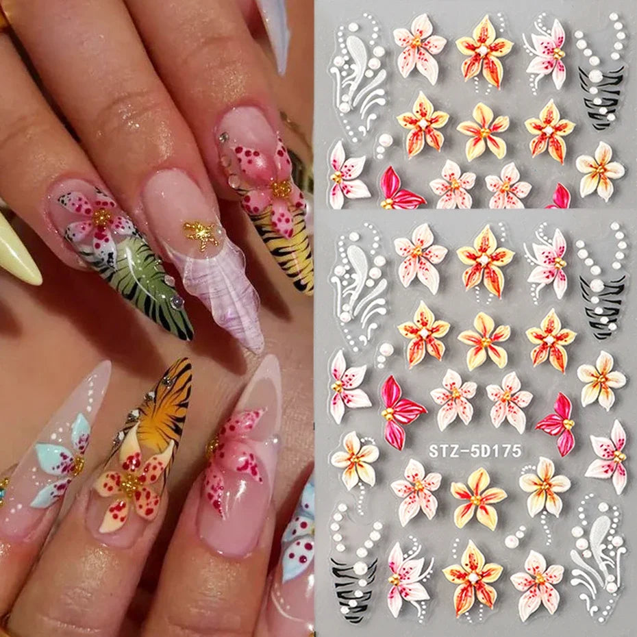 1/2pcs 5D Embossed Flowers Nail Art Stickers Lily Hibiscus with French Leopard Print Design of Spring & Summer Nail Decoration