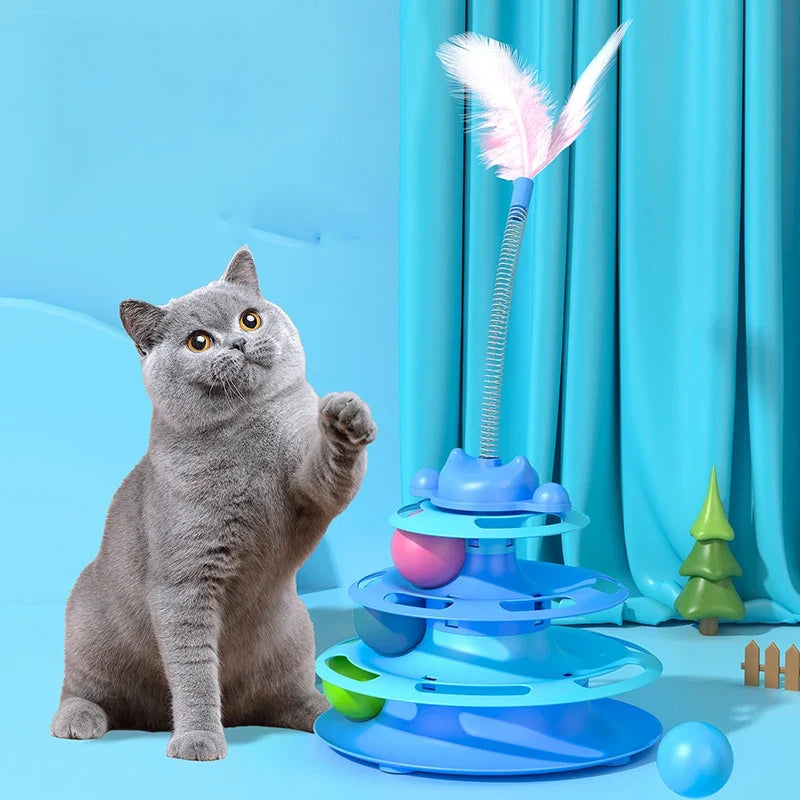 Interactive Cat Toy Tower Kitten Turntable Track Roller Balls Toys With Feather Pets Training Supplies Toy For Cat Tower
