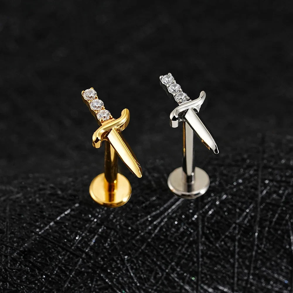 Right Grand ASTM F136 Titanium Cubic Zirconia Sword Flat Back Stud Earring 16G Tiny Poniard Helix Tragus Cartilage Lip Piercing