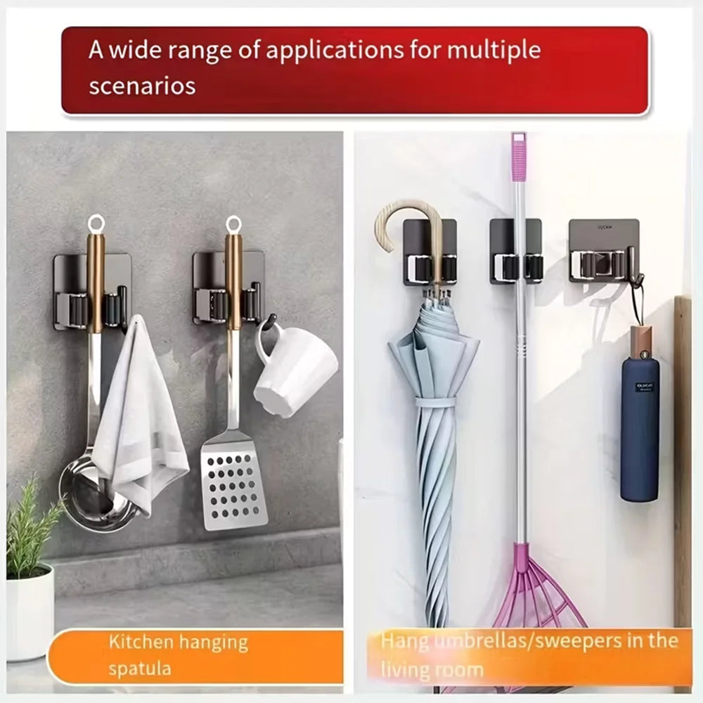 Self-Adhesive No-Drill Mop And Broom HolderStainless Steel Hooks for Kitchen Toilet Bathroom Organization Storage Solution