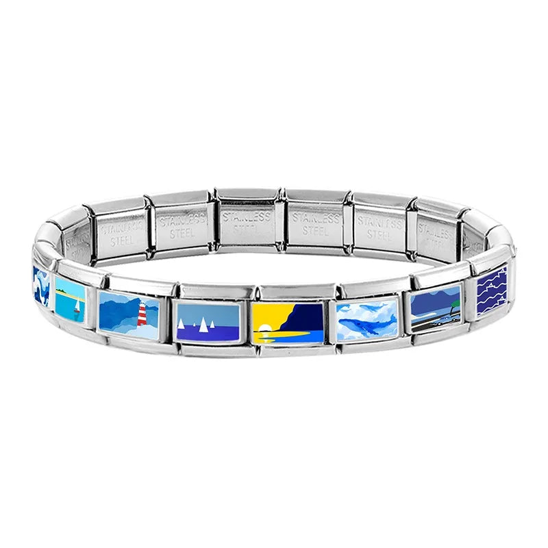 Fashion Seaside Scenery Seawave Sailing Boat Blue Italian Charm Links Fit 9mm Stainless Steel Bracelet Women Jewelry DIY Making