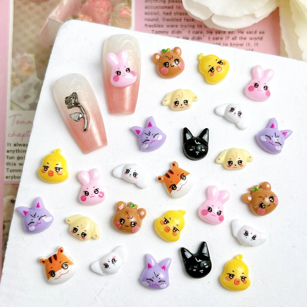 30PCS Creative Painted Kawaii Animal Series Nail Art Charms 3D Cartoon Rabbit Bear Tiger Resin Nail Decorations for DIY Manicure