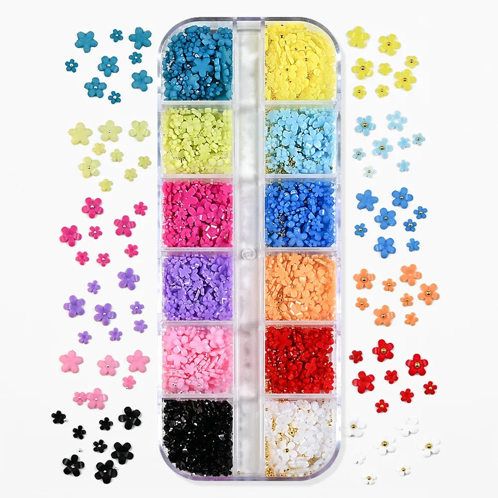 12Grids 3D Acrylic Flowers Nail Charms(with Steel Beads) Colorful Five-petal Flower Nail Art Decorations DIY Manicure Supplies &