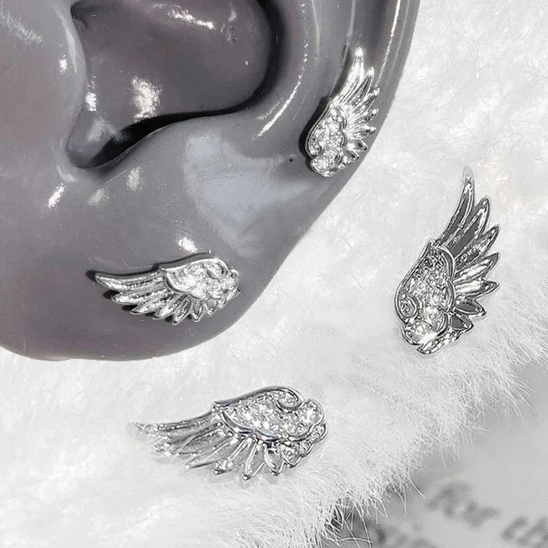 Luxury Zircon Wing Earrings Stud Fashion Women Shiny Crystal Creative Angel Wings Cross Punk Silver Color Ear Studs Jewelry Gift