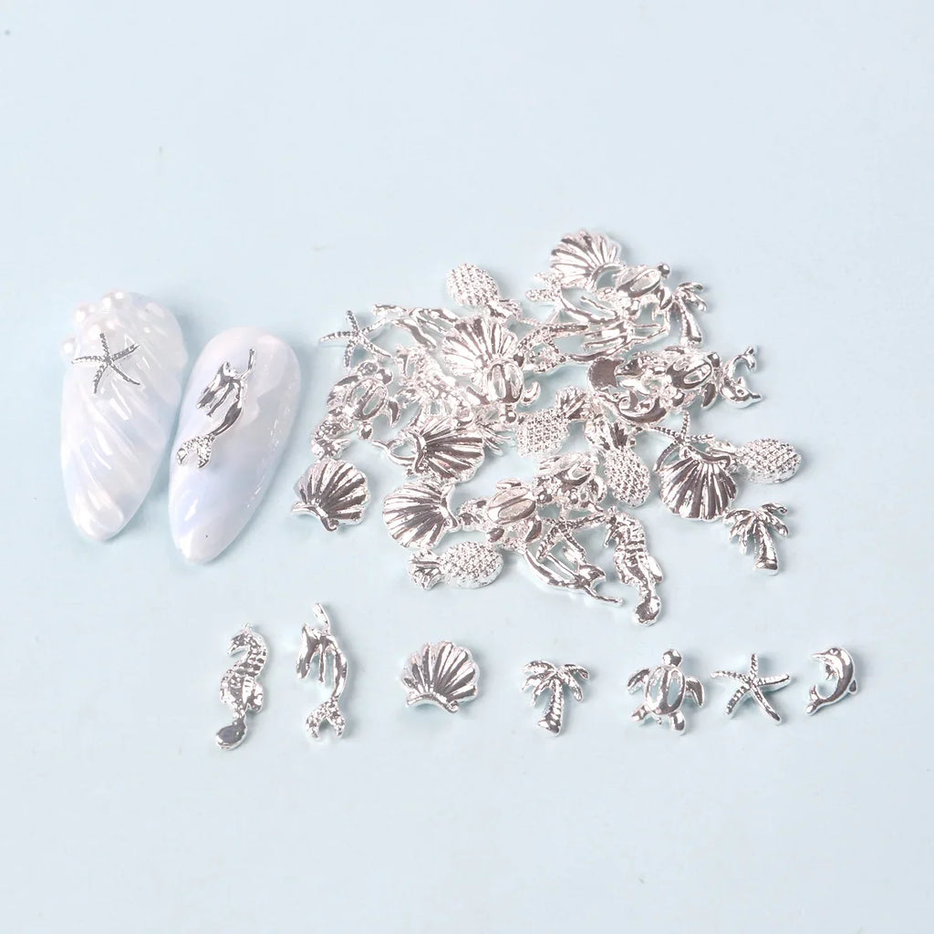 TSZS 50pcs/bag Ocean Starfish Shell Nail Art Charms Silver Beach Starfish Sea Seashell Nail Decoration Metal 3D Charms for Nail