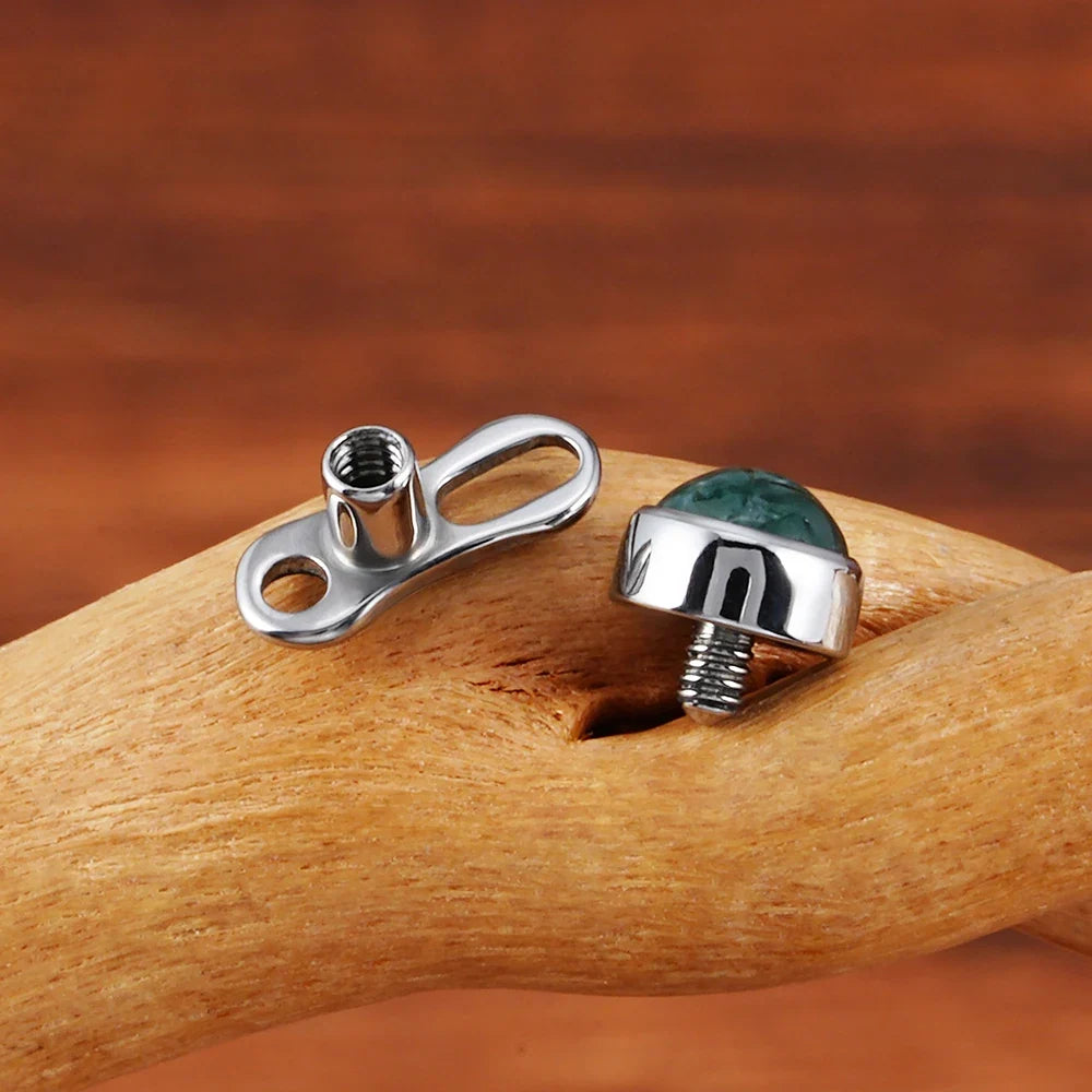 Right Grand ASTM F136 Titanium 14G Dermal Anchor Top with Natural Green Moss Agate Base Microdermal Piercing Body Jewelry