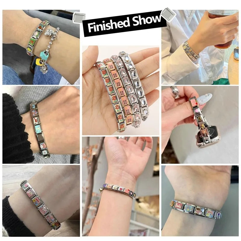 2026 Women's UV Style Purple 3D Flowers Books Candle Italian Charm Link Fit 9mm Stainless Steel Module Bracelet Making Jewelrys