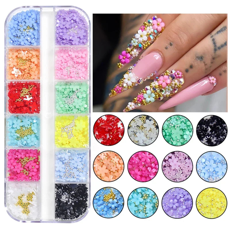 3D Acrylic Flowers Nail Charms Resin Five-petal Flowers Nail Art Decorations With Nail Ball Luxury Nail Rhinestones DIY Manicure