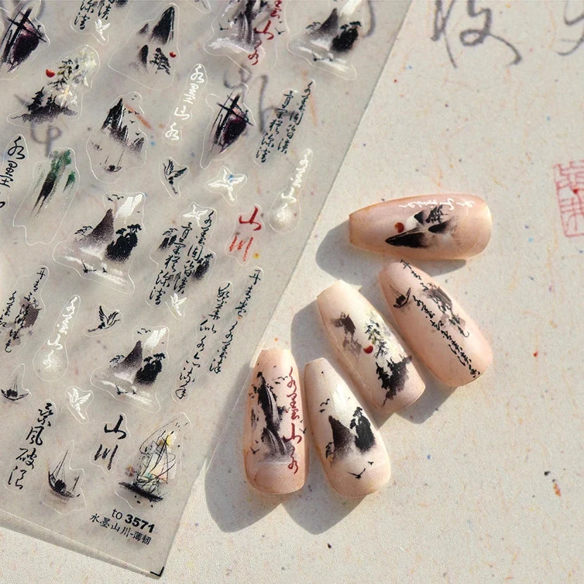 1 pc5D ancient ink painting mountain nail sticker black Chinese calligraphy poem crane self-adhesive nail art decorative sticker