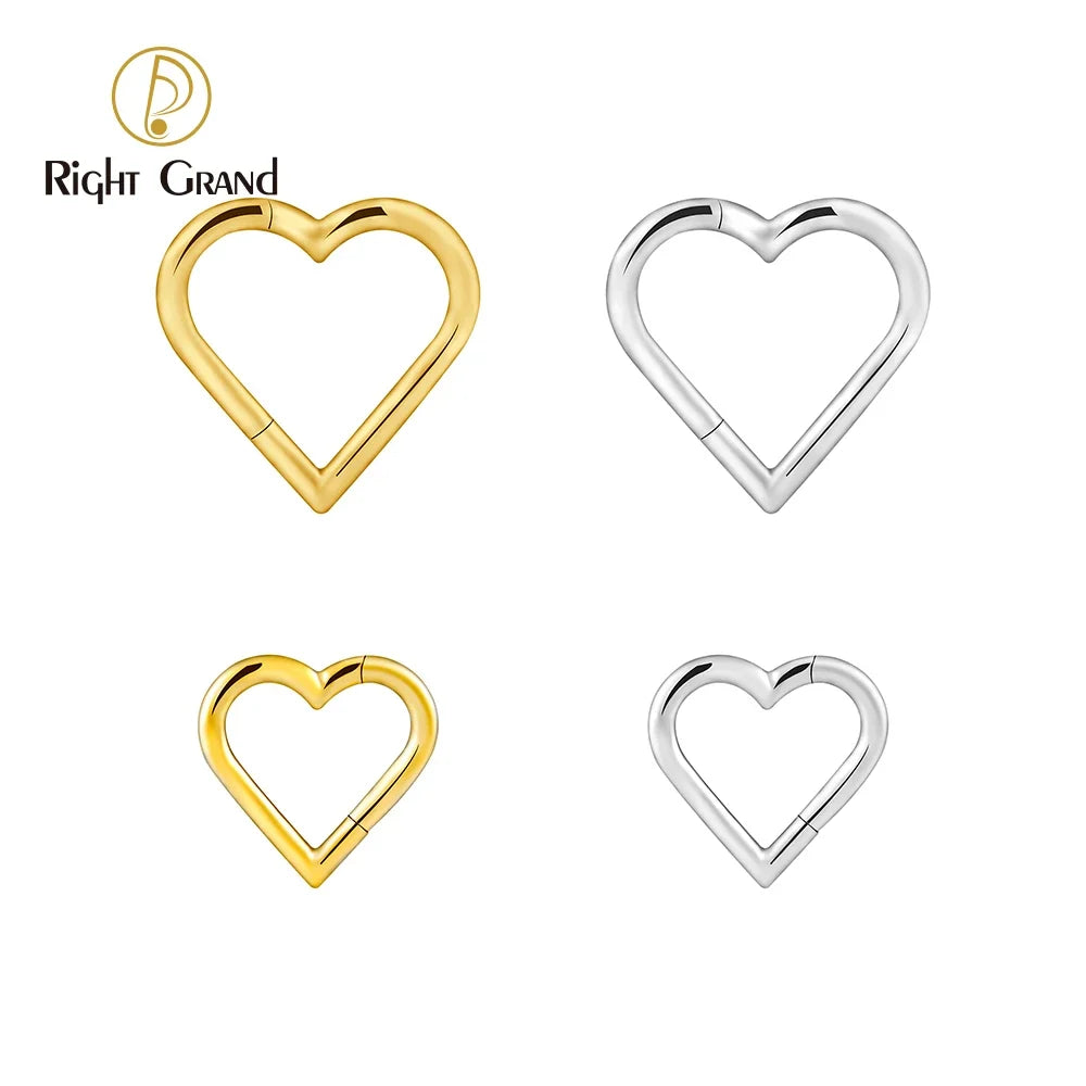 Right Grand ASTM F136 Titanium 16G Heart Hinged Segment Hoop Ring 8mm/10mm Daith Helix Earring Clicker Nose Septum Piercing
