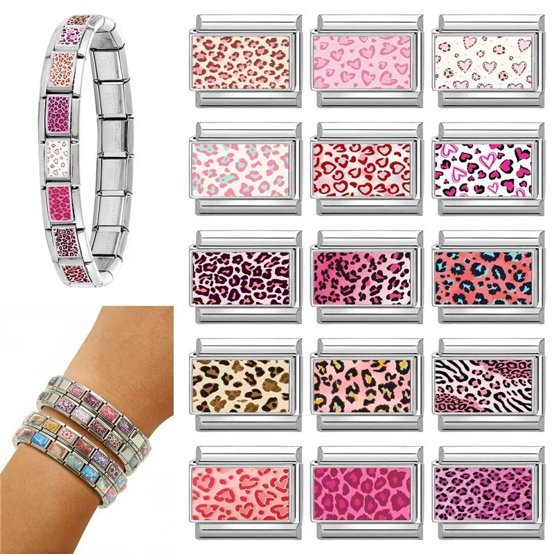 Wholesale Women Fashion Gold Leaf Pink Leopard Print Italian Charm Fit 9mm Stainless Steel Bracelet Drop Shipping Gifts Jewelrys