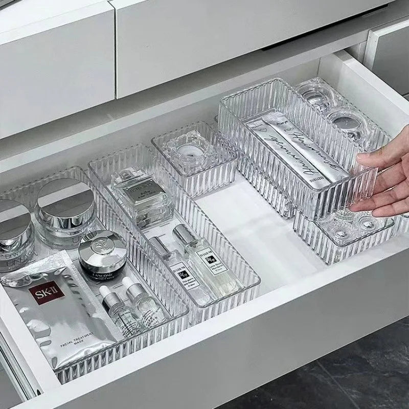Transparent Modular Drawer Organizer Set Multi Use Storage Trays for Makeup Skincare Kitchen Tools Bathroom Vanity Organization