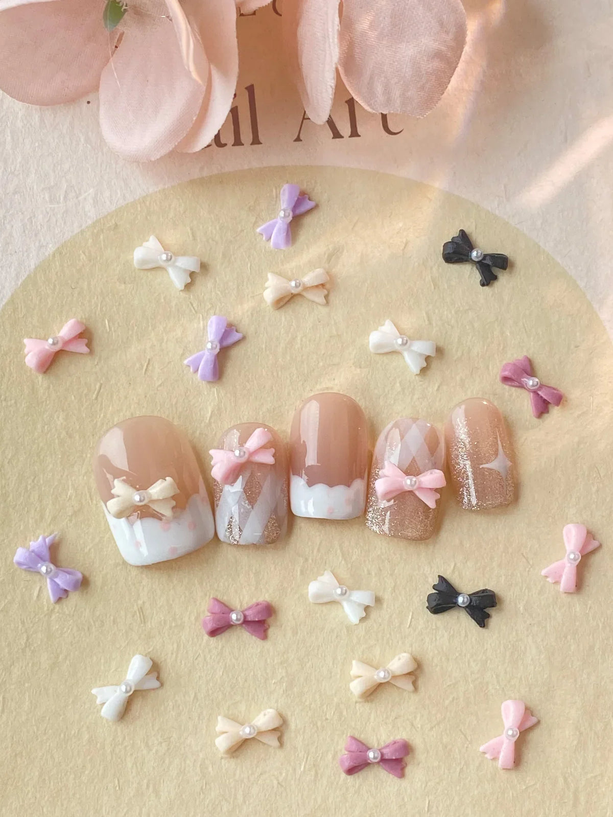 50pcs Mix Color Bow with Pearl Korea Style Nail Art Charms 3D Pink Black White Bowknot Nail Accessories DIY Design
