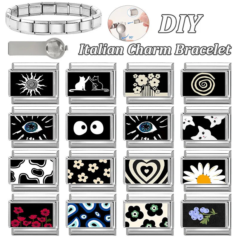 Funny Black Eye Flower Cat Heart Bow NO.8 Ball Italian Charm Links Fit 9MM Stainless Steel Bracelet Women Y2K DIY Making Jewelry