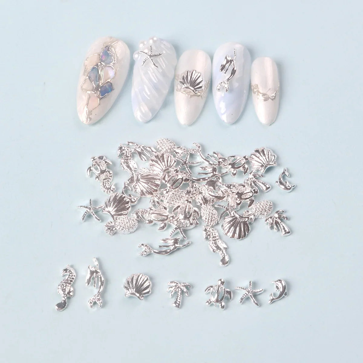 TSZS 50pcs/bag Ocean Starfish Shell Nail Art Charms Silver Beach Starfish Sea Seashell Nail Decoration Metal 3D Charms for Nail