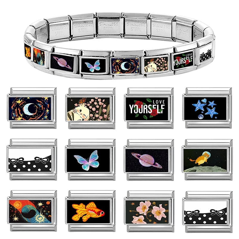 Creative Black Series Moon Star Butterfly Cat Rabbit Planet Y2K Italian Charm Links Fit 9MM Stainless Steel Bracelet DIY Making