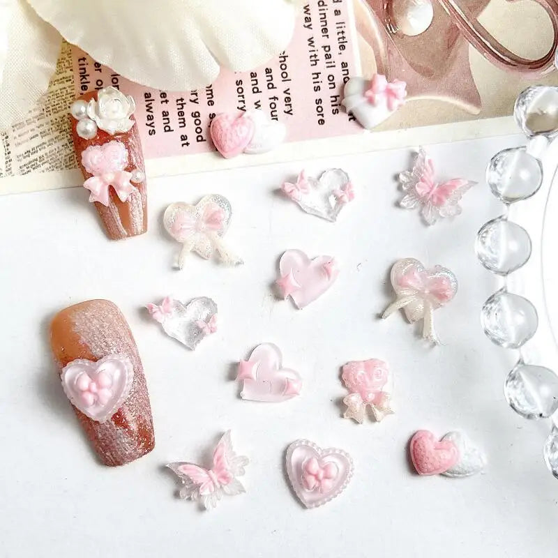 30PCS Double Heart Butterfly Pink Series Nail Art Charms Luminous Translucent Bow Four-pointed Star  Resin Nail Decorations DIY