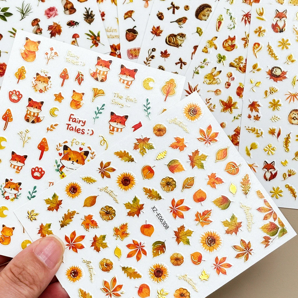 12Pcs Autumn Maple Leaves Animal Nail Stickers Mixed Cartoon Fox Deer Squirrel Adhesive Nail Decals DIY Fall Manicure Decoration