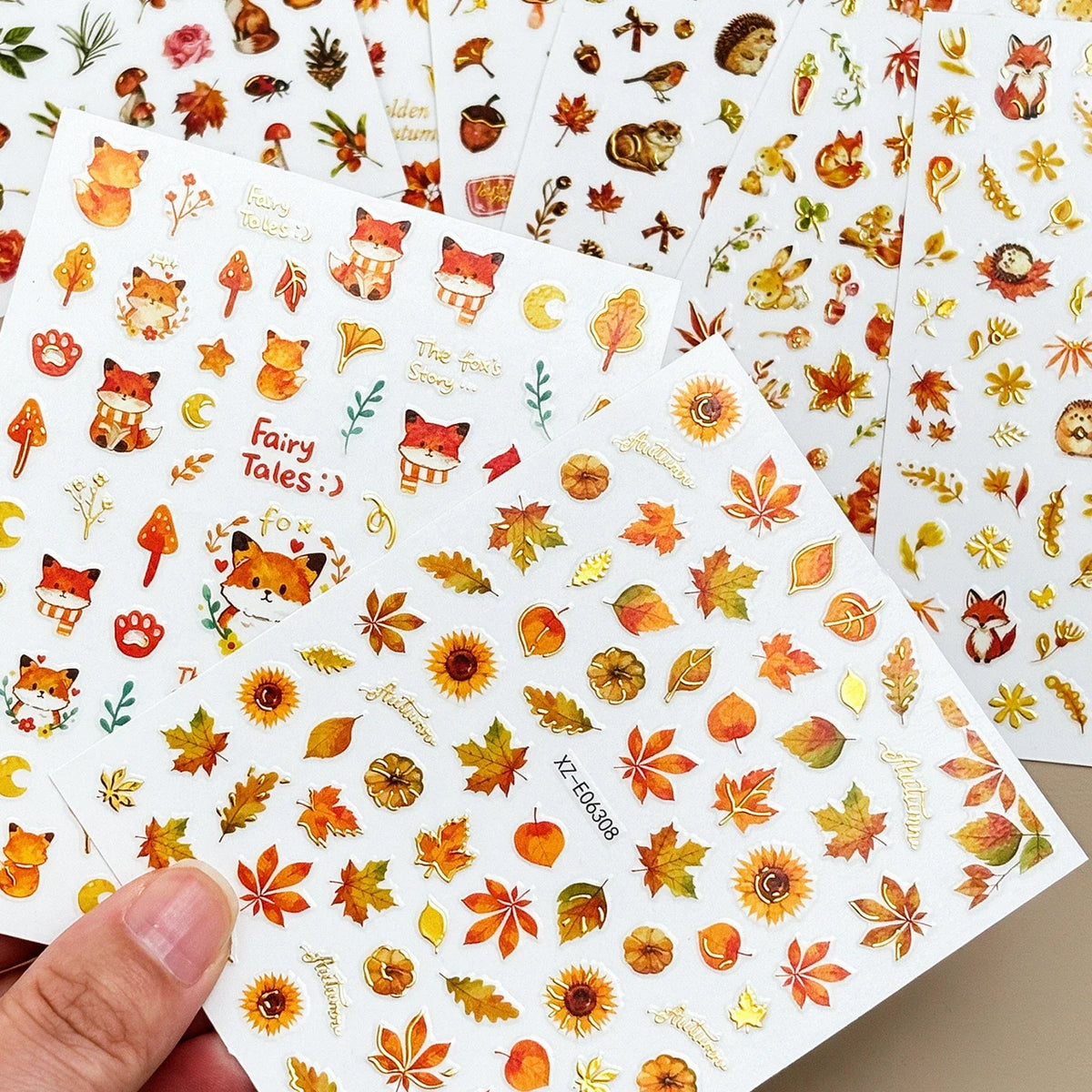 12Pcs Autumn Maple Leaves Animal Nail Stickers Mixed Cartoon Fox Deer Squirrel Adhesive Nail Decals DIY Fall Manicure Decoration