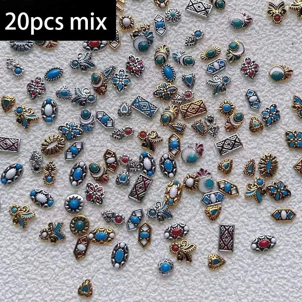 20pcs Bohemia Nail Art Charms Retro Mixed Alloy Turquoise Totem Nail Diamonds 3D  Marble Gems for Manicure DIY Decorations