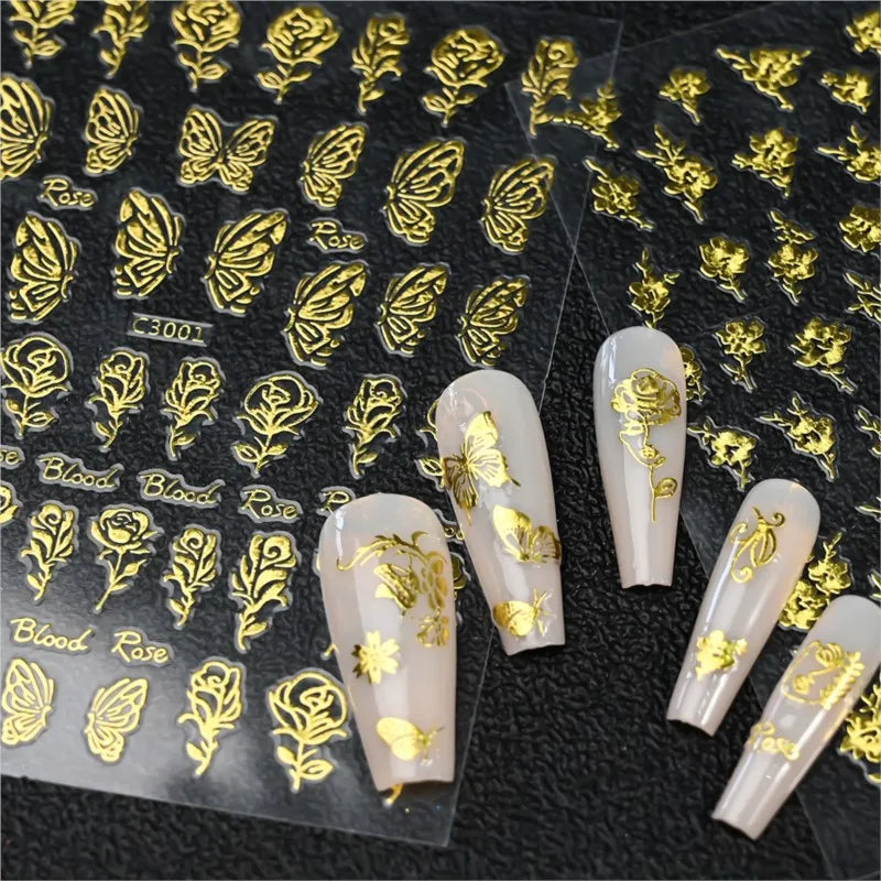 6pcs Glow In The Dark butterfly flowers Nail Stickers set Hot stamping laser Nails 3D Decals Self-adhesive Manicure Sliders NKS1
