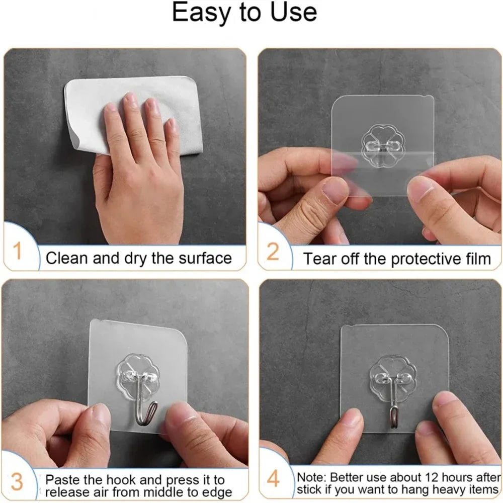 10/20/30Pcs Heavy‑Duty Self‑Adhesive Wall Hooks Punch‑Free No‑Drill Sticky Hooks Waterproof Oilproof Damage‑Free Hanger Storage