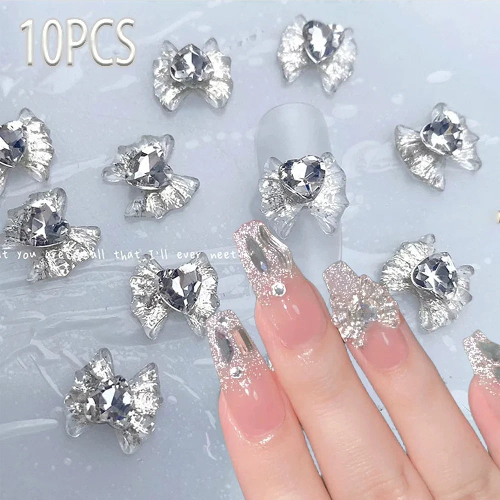 10pcs 3D White Glitter Bowknot Nail Art Charms Sparkle Ice Clear Resin Love Heart Diamond Nail Art Decorations Kawaii Nail Gems