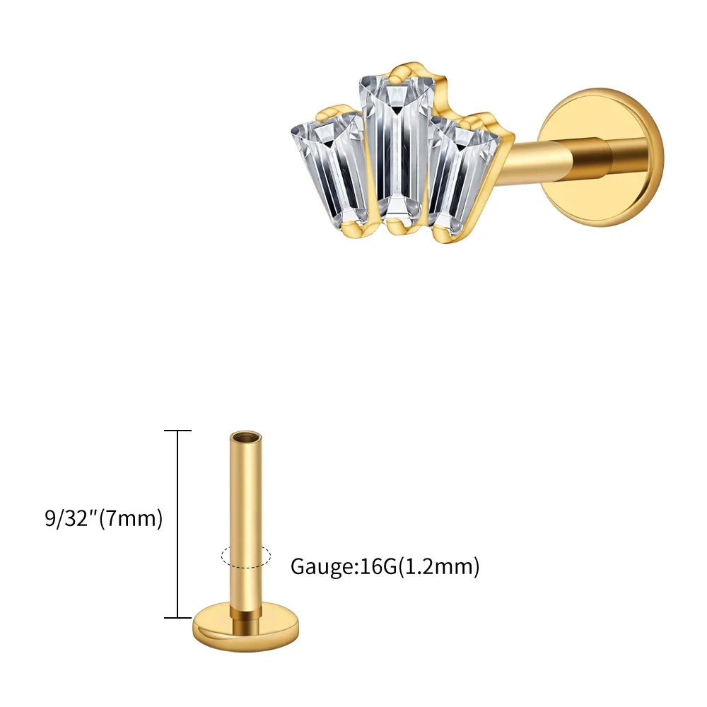 Right Grand ASTM F136 Titanium 16G Triple Baguette CZ Crown Monroe Labret Stud Cartilage Helix Conch Stud Earlobe Piercing