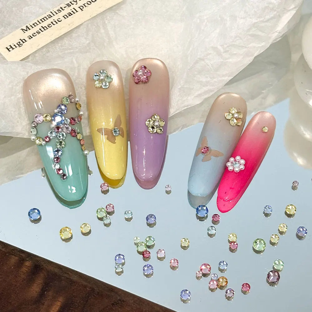 100/200pcs Round Colorful Nail Rhinestones, Sparkling 3D Flatback Crystal Gems, Nail Salon Decorations DIY Nail Art Supply