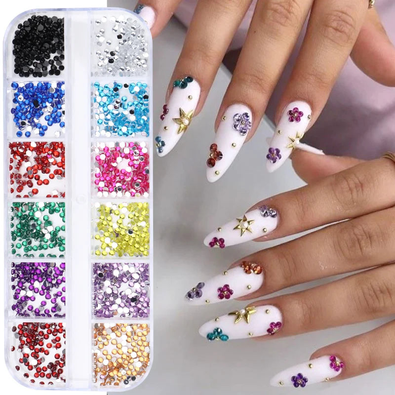 12 Grids 3D Mini Colorful Nail Rhinestones Elegant Rhombus Moon Star Heart Flower Multi Shape Flatback Gemstones Nail Art Decor