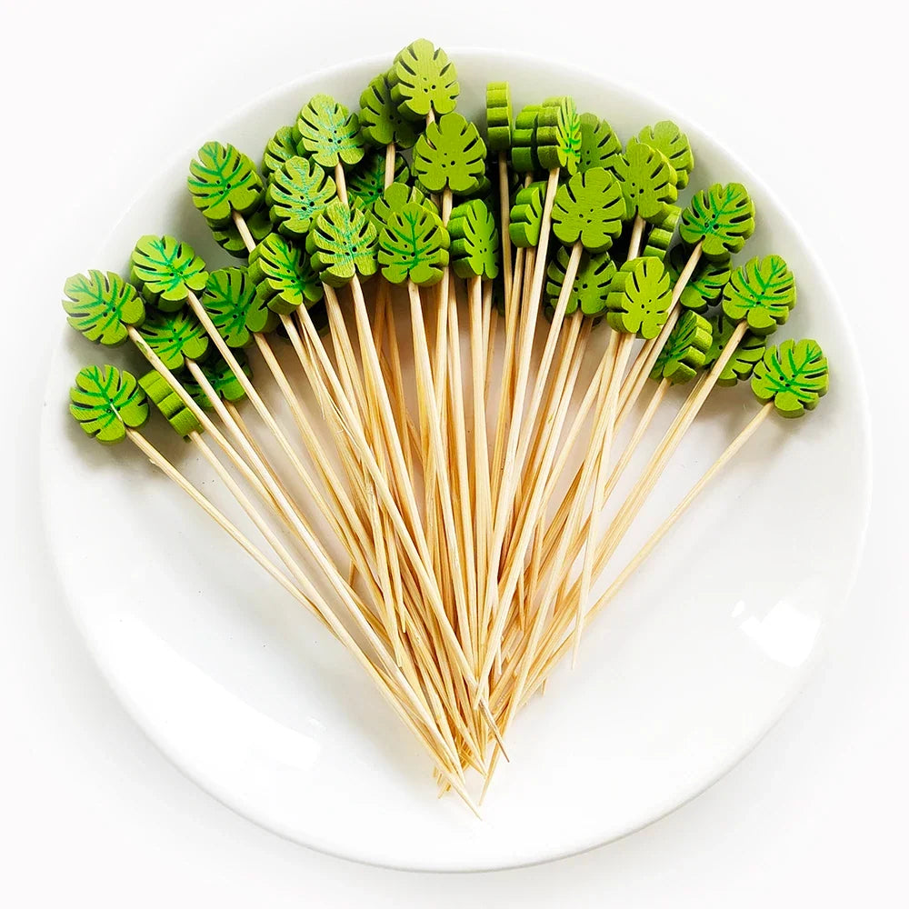 100/50Pcs Hawaii Party Cocktail Sticks Bamboo Skewers for Salad Dessert Disposable Forks Buffet Fruit Birthday Party Wedding