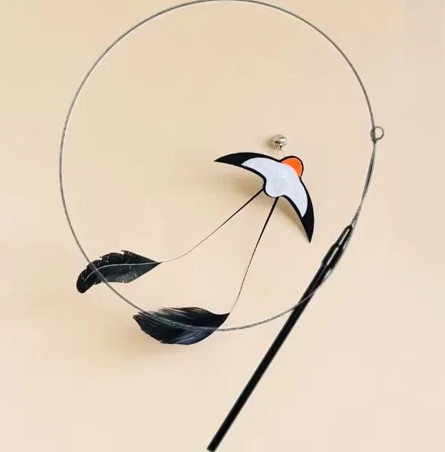 Small swallow cat teaser stick with long rod, steel wire with bell feather replacement head, cat toy to relieve boredom, pet toy