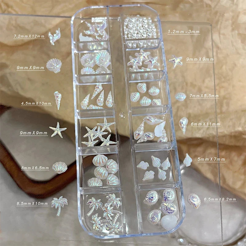 12 Grids Box Blue White Nail Charm Shell Starfish Mermaid Tail 3D Oceanic Manicure Nail Art DIY Salon Decoration Accessories