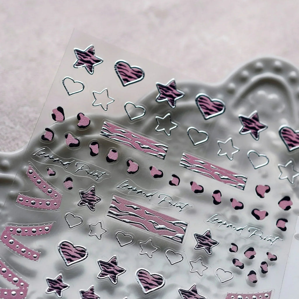 Punk Pink Leopard Print Love Heart Stars Bowknot Cool Girl 5D Self Adhesive Nail Art Stickers Ribbon Manicure Decals Wholesale