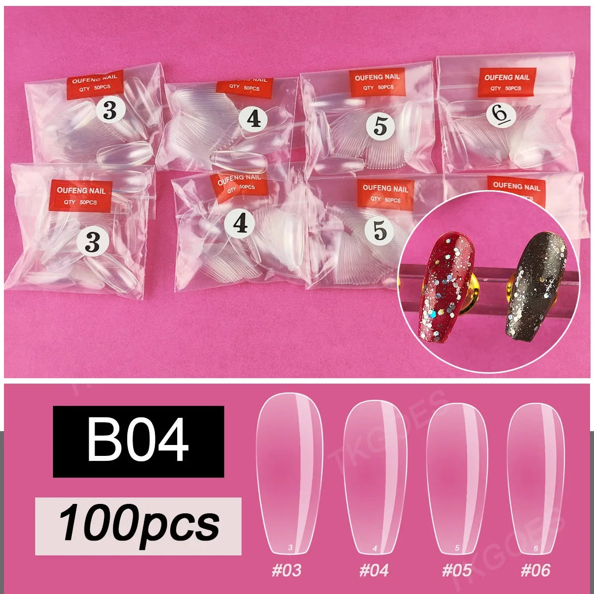 B04 Size 3 4 5 6 Middle Ballerina False Nail Tips in Single Size 100 Pieces Refill Fake Nail Tips for Drawing Polish Display