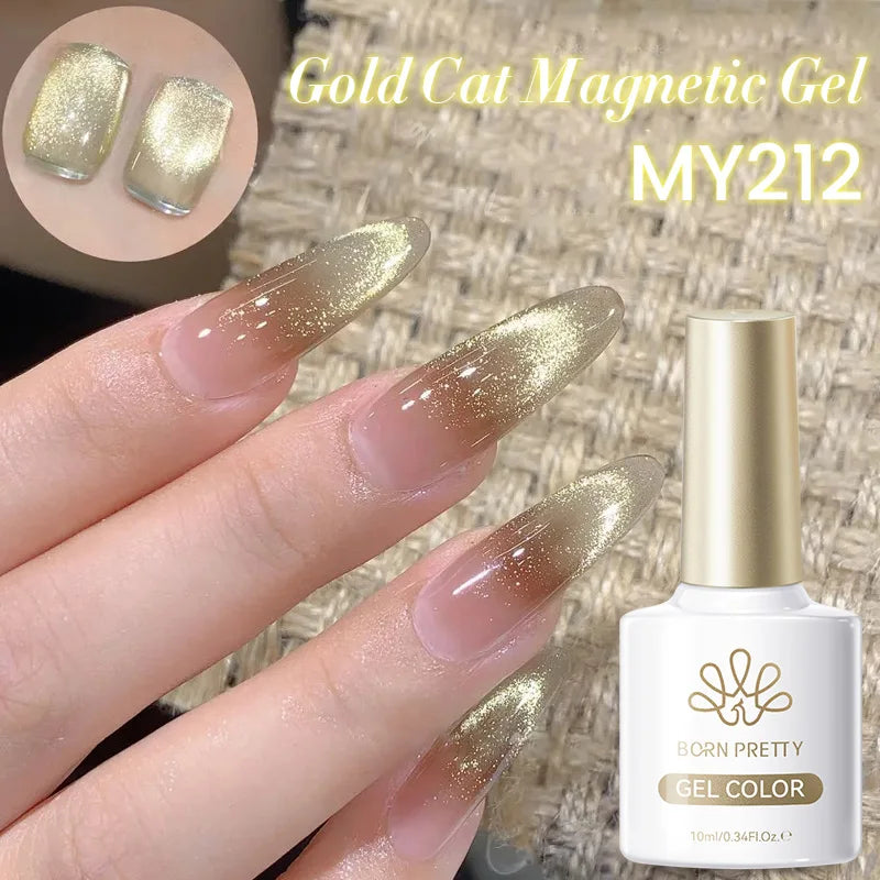 BORN PRETTY 10ml Gold Color Cat Magnetic Gel Sparkling Ultra Shine Soak Off Manicure UV Gel Nail Art Varnish Summer Gel Nails