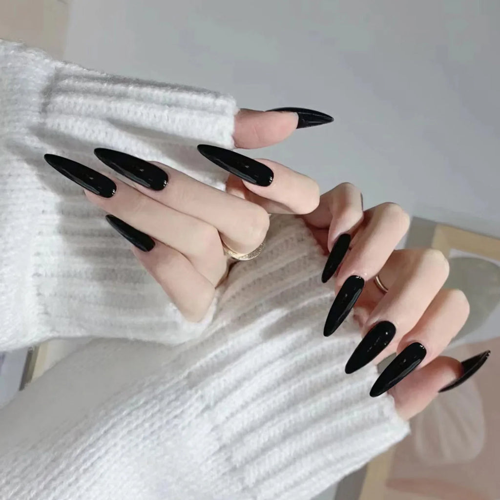 24pcs Black Fake Nails Art Pointed Head Black Resin Press On with Jelly Glue Natural Look for Fingernail DIY Decoration