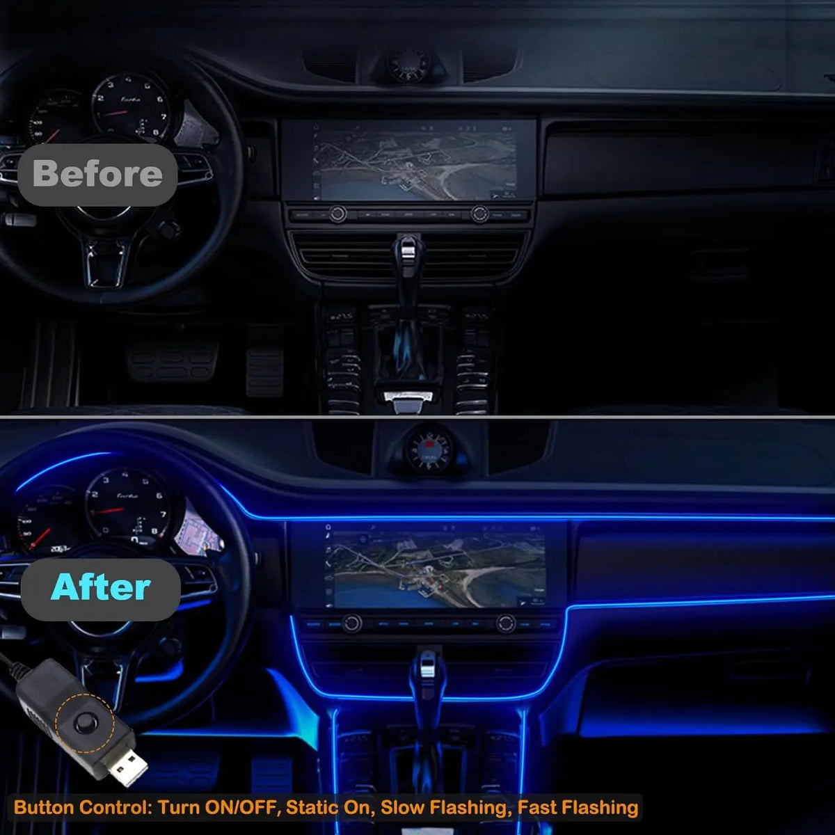 Car LED Strip Lights 196.85inch USB Neon Ambient Lighting Kit With Switch Noiseless For Interior Car Decorations