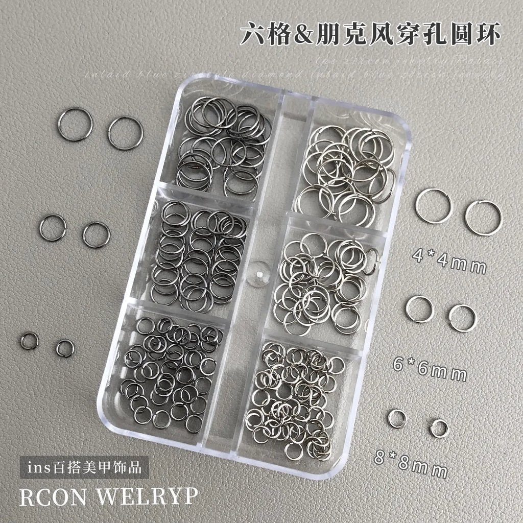 6 Grids Mix Punk Piercing Perforable Round Circle Ring White K Gun Black Alloy Nail Rhinestones Decorations Manicure Charms