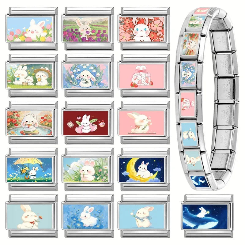 Easter Colorful Rabbits Series Beautiful Flowers Italian Link Fit 9mm Stainless Steel Bracelet Jewelry Making DIY Gift Wholesale