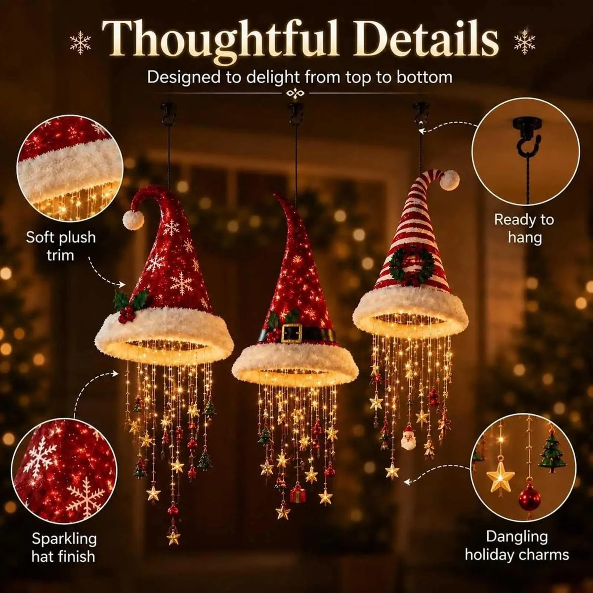 DIY Lighted Santa Hat Chandelier - Warm LED Glowing Christmas Ornaments Hanging Chandelier 5 Styles for Festive Decor