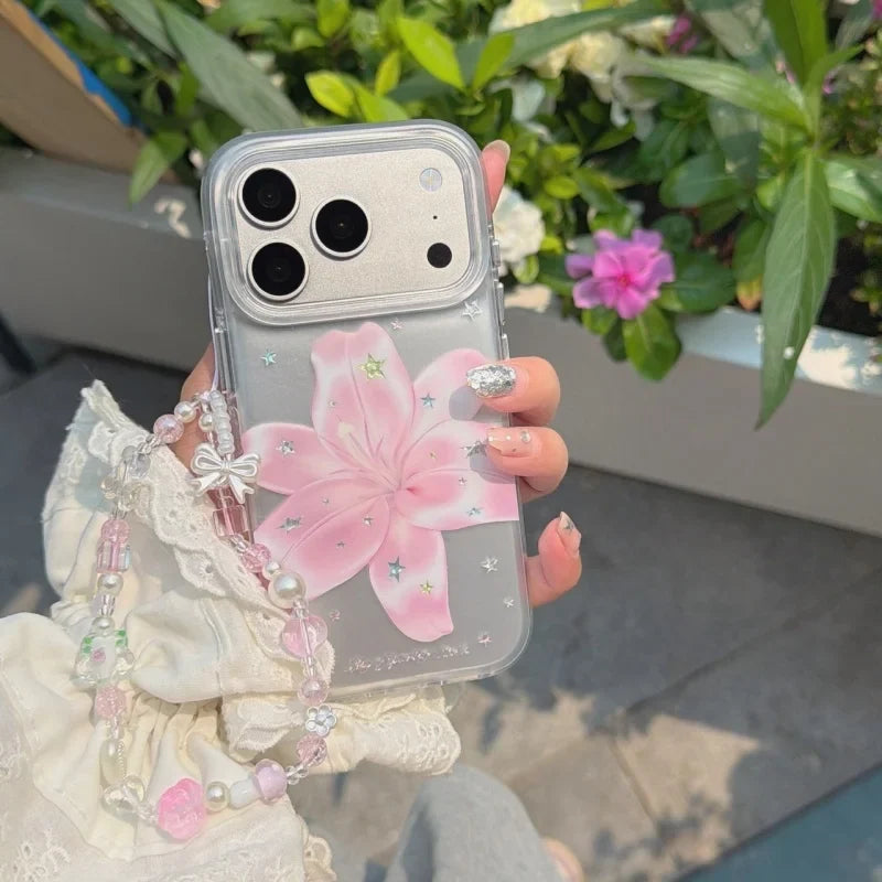 Pink Lily Flower Pattern IMD Silver Mobile Phone Case with Chain for iPhone 18, 17,  6, 15, 14, 13, Pro, Promax, Shockproof