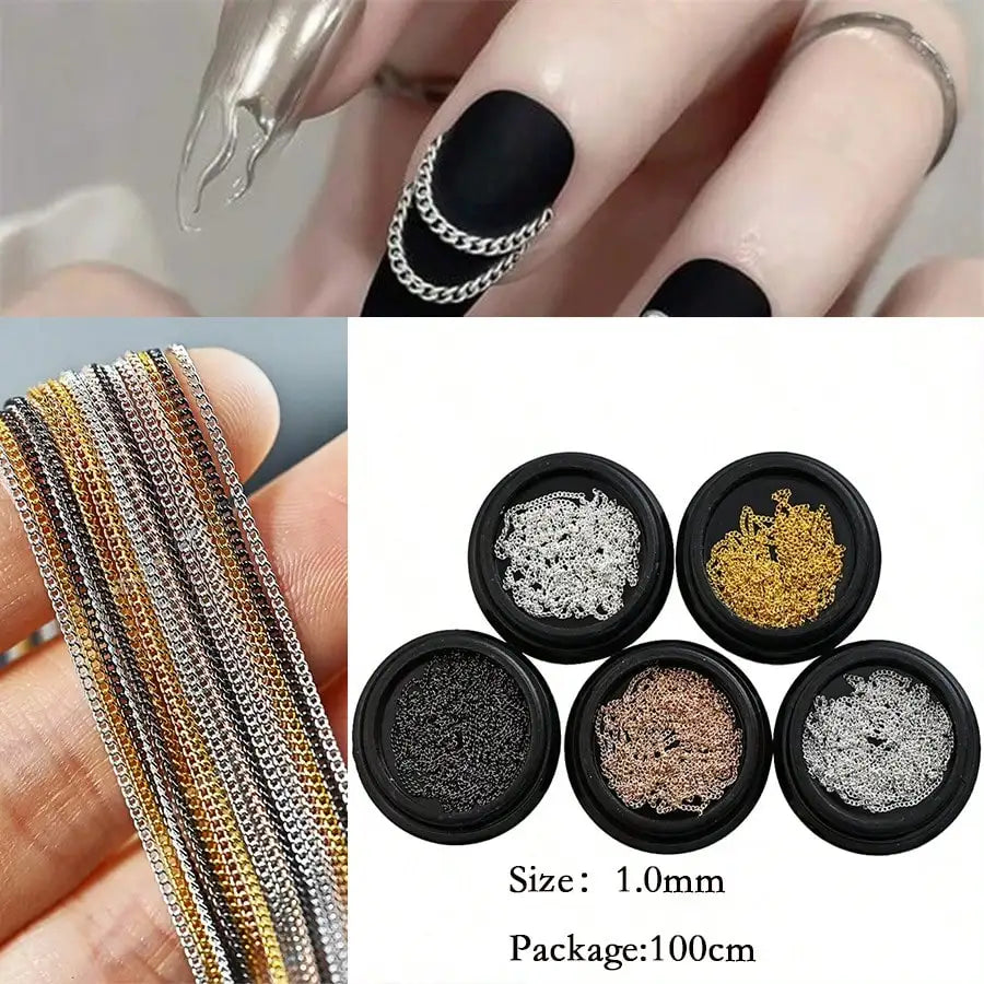 1M 1mm Metal Flat Chain Gold Silver Studs Nail Art Decorations Chains DIY Manicure Jewelry Accessory Nail Charms Gems Supplies